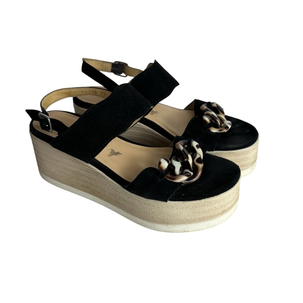 SOFTWAVES Black Platform Wedge Sandals Tortoise Chain Size 37